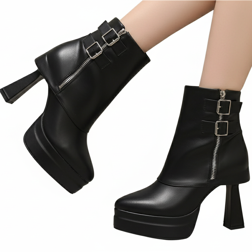 Retro Futuristic Double Buckle Pointed Toe Statement Platform High Heel Ankle Boots