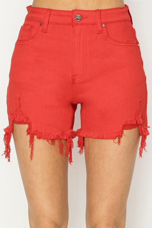 Red High Rise Waist Distressed Denim Cut-off Frayed Mid-length Jean Shorts RISEN