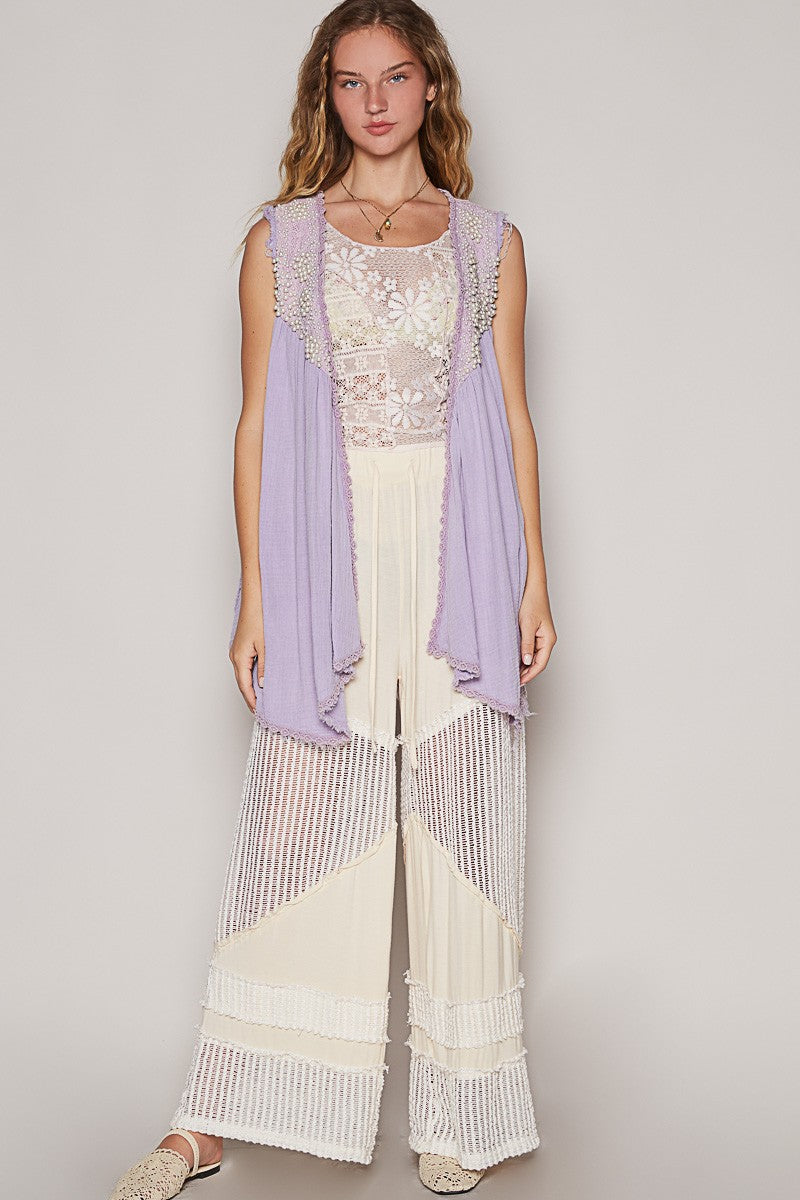 POL Lace Pearl Embroidered Patchwork Boho Vest Gauze Raw Hem Sleeveless Cardigan Lavender Purple