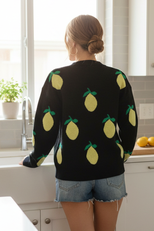 Lemon Intarsia Fruit Knit Crew Neck Long Sleeve Top Ribbed Trim Pullover Sweater