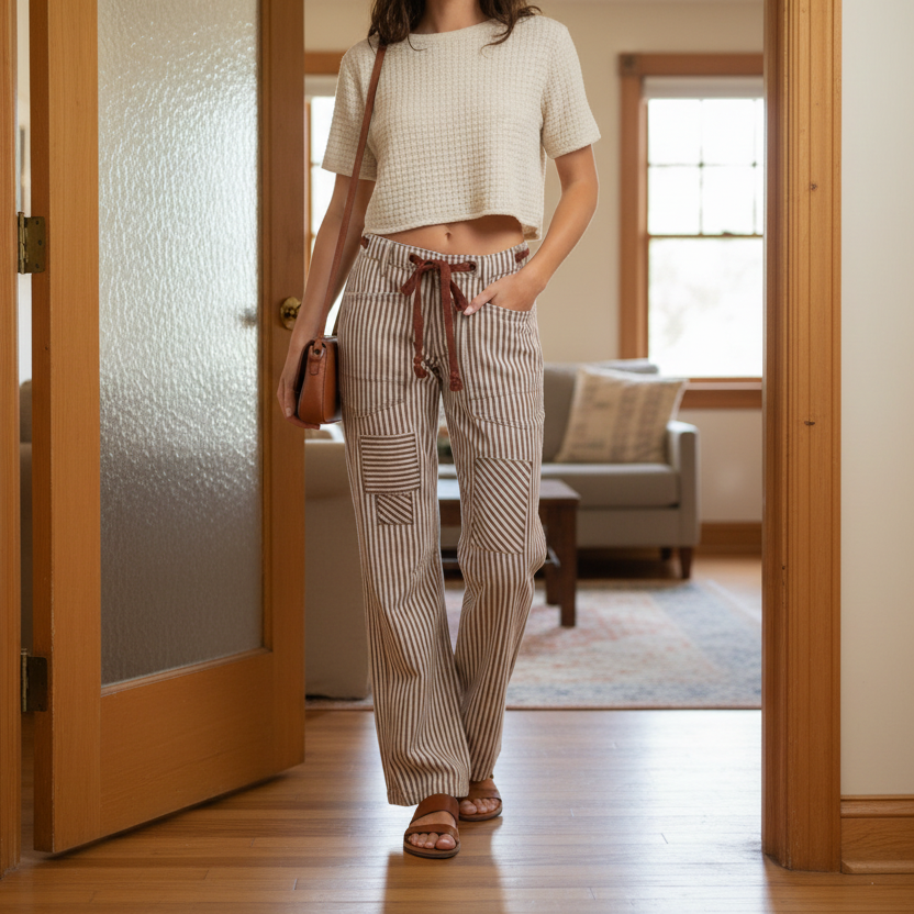 BiBi Barrel Leg Drawstring Waist Retro Patchwork Stripe Cotton Twill Baggy Tapered Pants Mocha Brown