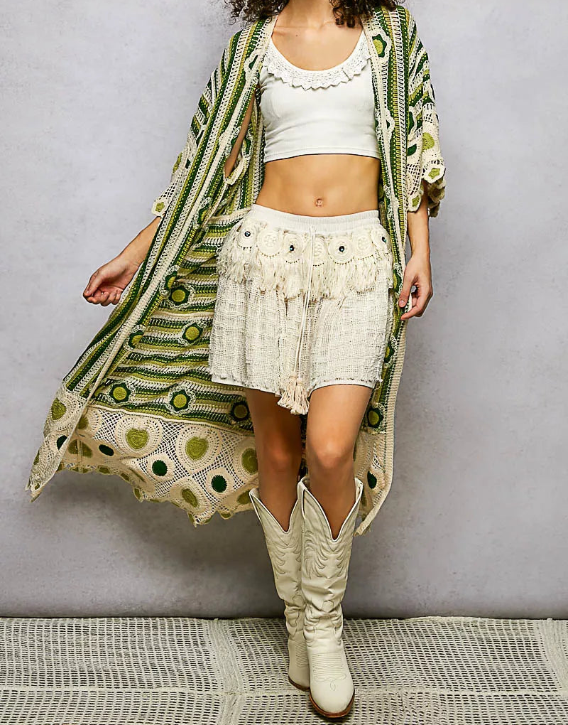 POL Patchwork Crochet Floral Openwork Knit Longline Cardigan 3/4 Sleeve Duster Green