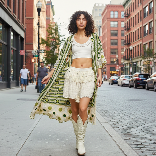 POL Patchwork Crochet Floral Openwork Knit Longline Cardigan 3/4 Sleeve Duster Green