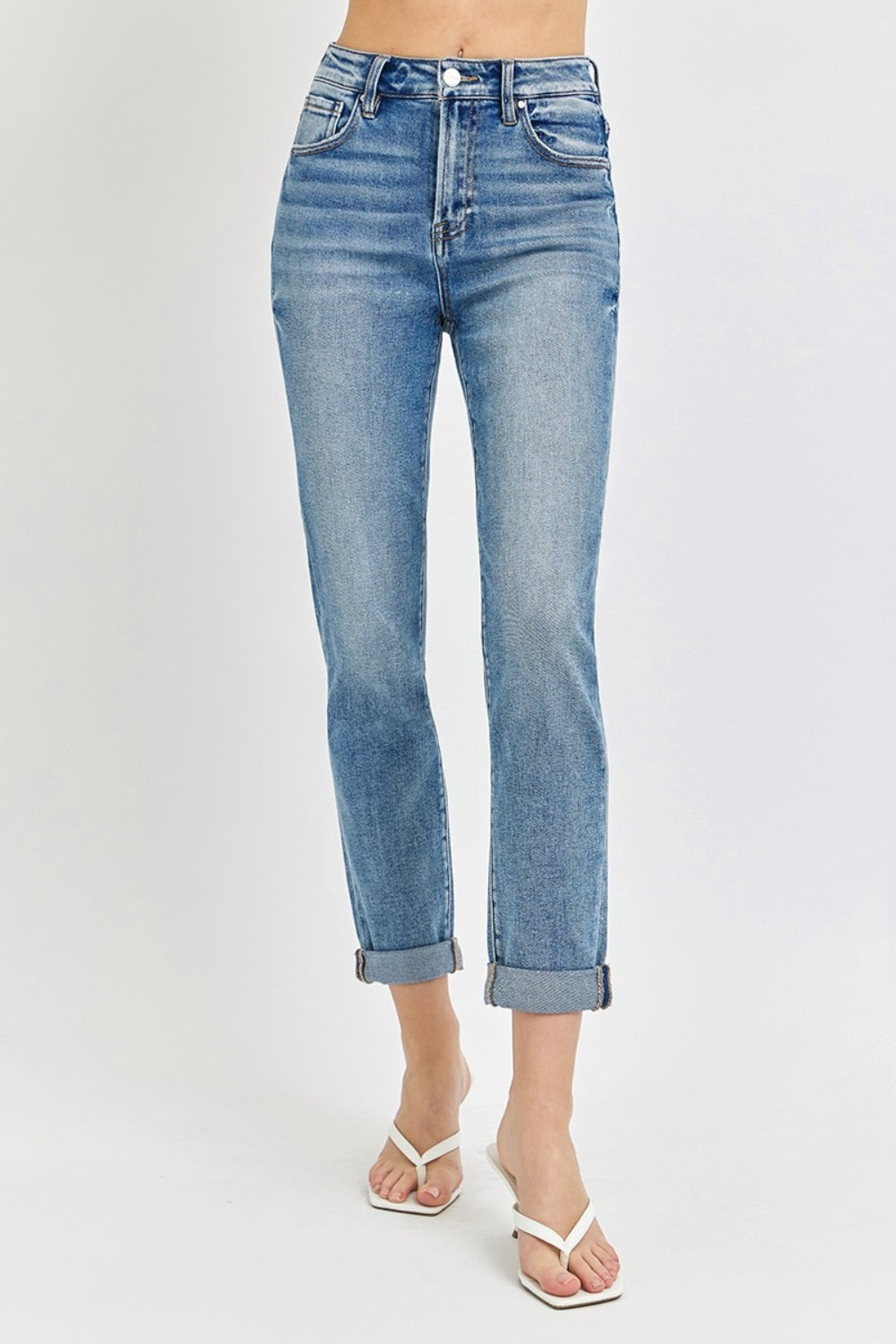 RISEN High-Rise Straight Leg Cuffed Rolled Up Cropped Hem Jeans Denim Pants