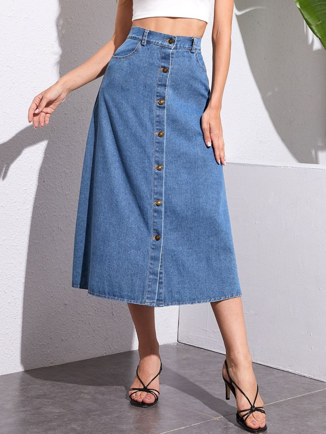 Button Front High-Rise Midi Retro Flare A-line Poque Blue Jean Denim Skirt Pockets