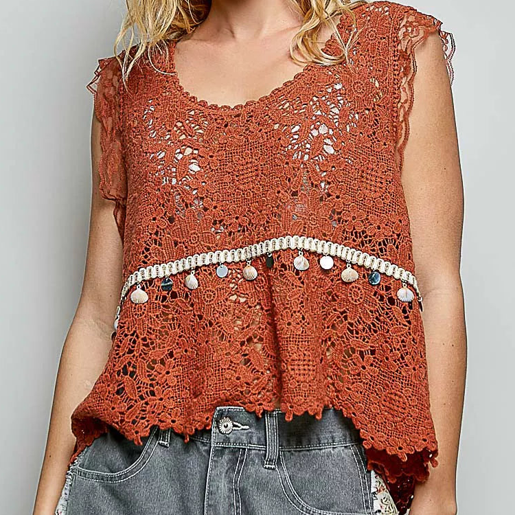 POL Scalloped Edge Seashell Lace Trim Openwork Crochet Sleeveless Tank Top Ginger Brown