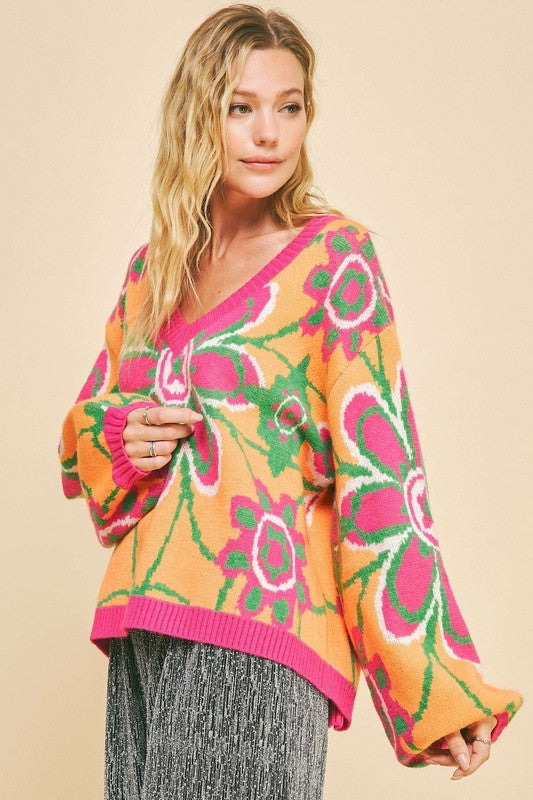 DAVI & DANI Retro Floral Bright Neon Long Sleeve Oversized Pullover Sweater Top