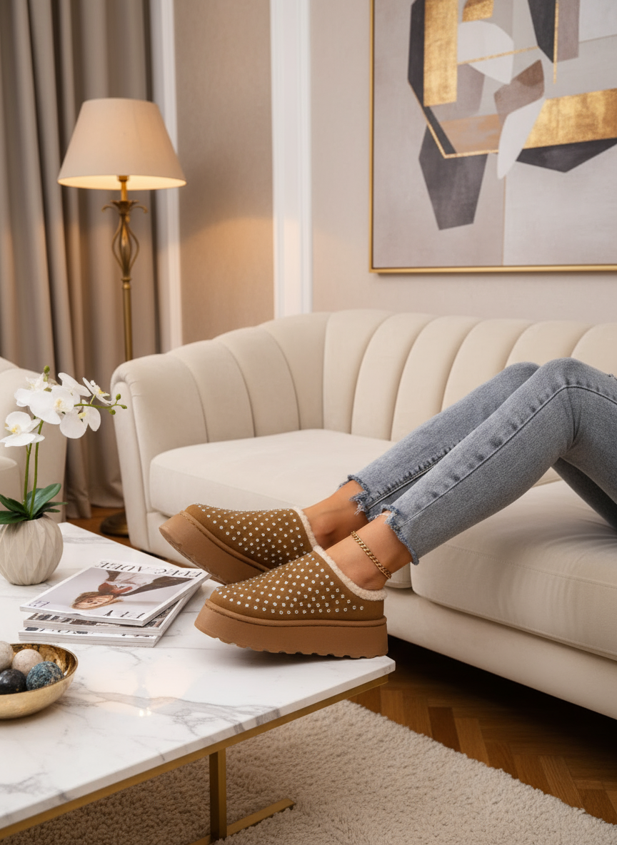 Sparkling Rhinestone Slipper Shoes Faux Fur Vegan Suede Platform Winter House Clogs