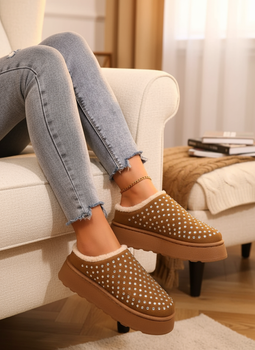 Sparkling Rhinestone Slipper Shoes Faux Fur Vegan Suede Platform Winter House Clogs