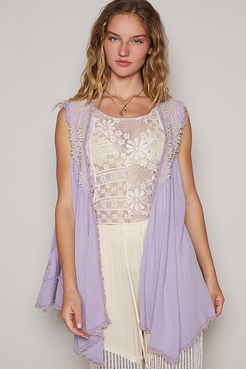 POL Lace Pearl Embroidered Patchwork Boho Vest Gauze Raw Hem Sleeveless Cardigan Lavender Purple