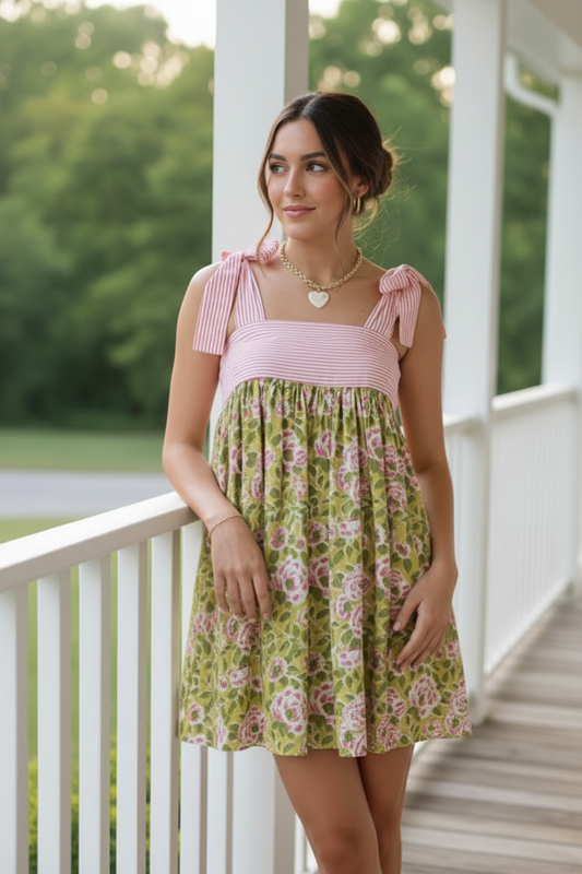 Retro Floral Oversized Bow Tie Shoulder Square Neck Girly Babydoll Mini Dress