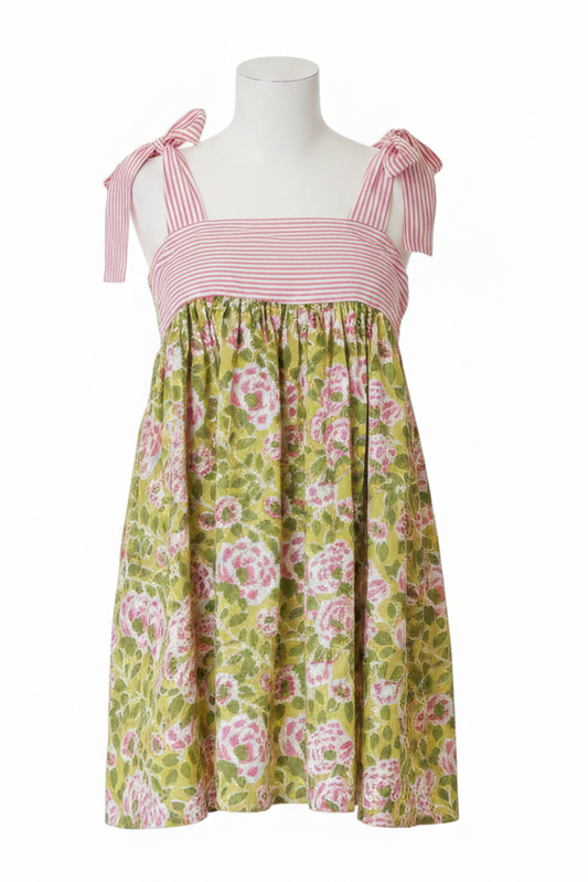 Retro Floral Oversized Bow Tie Shoulder Square Neck Girly Babydoll Mini Dress