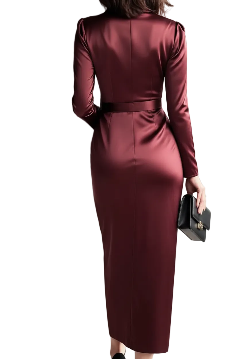 Satin Surplice V-Neck Ruched Side Tie Long Sleeve Lustrous Sleek Maxi Dress