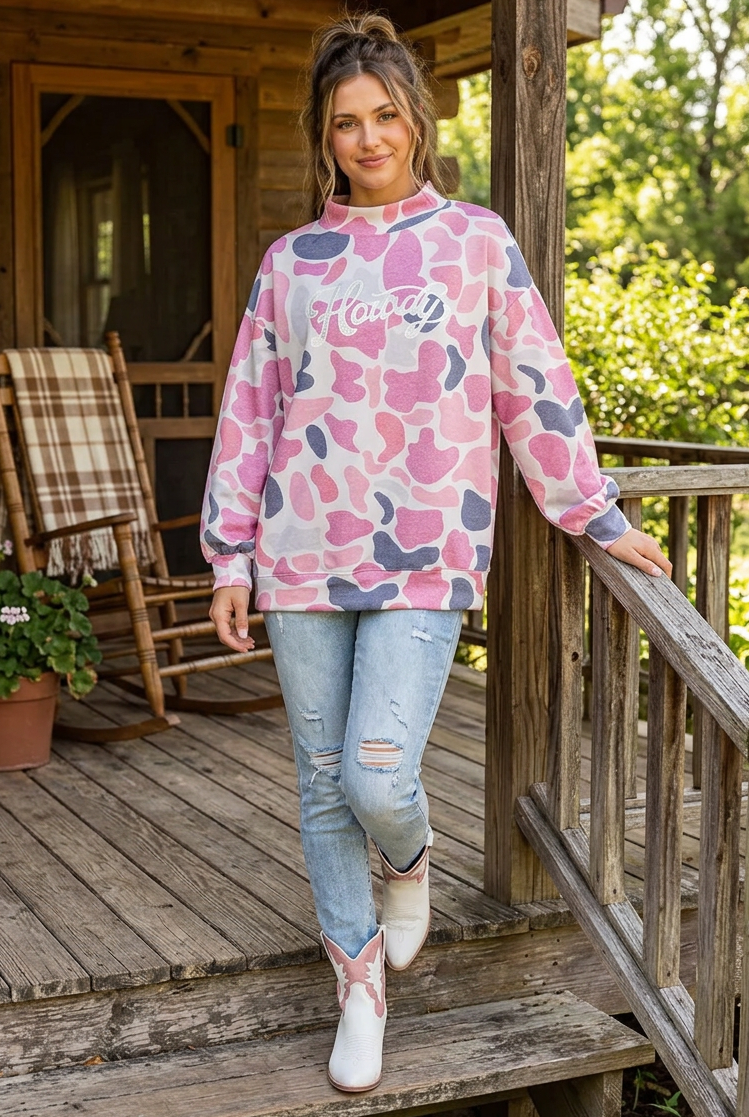 Howdy Southern Camo County Western Top Moch Neck Pullover Sweatshirt