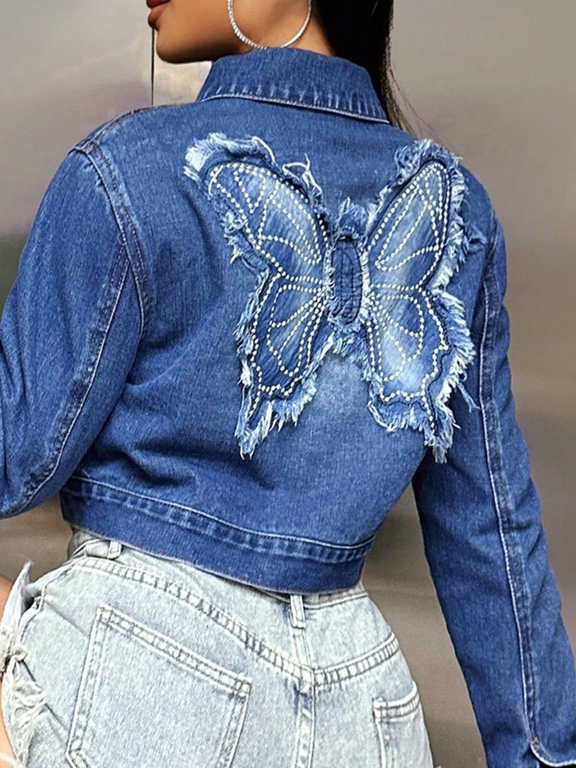 Butterfly Cropped Distressed Frayed Denim Collar Button-Up Pocket Jean Jacket