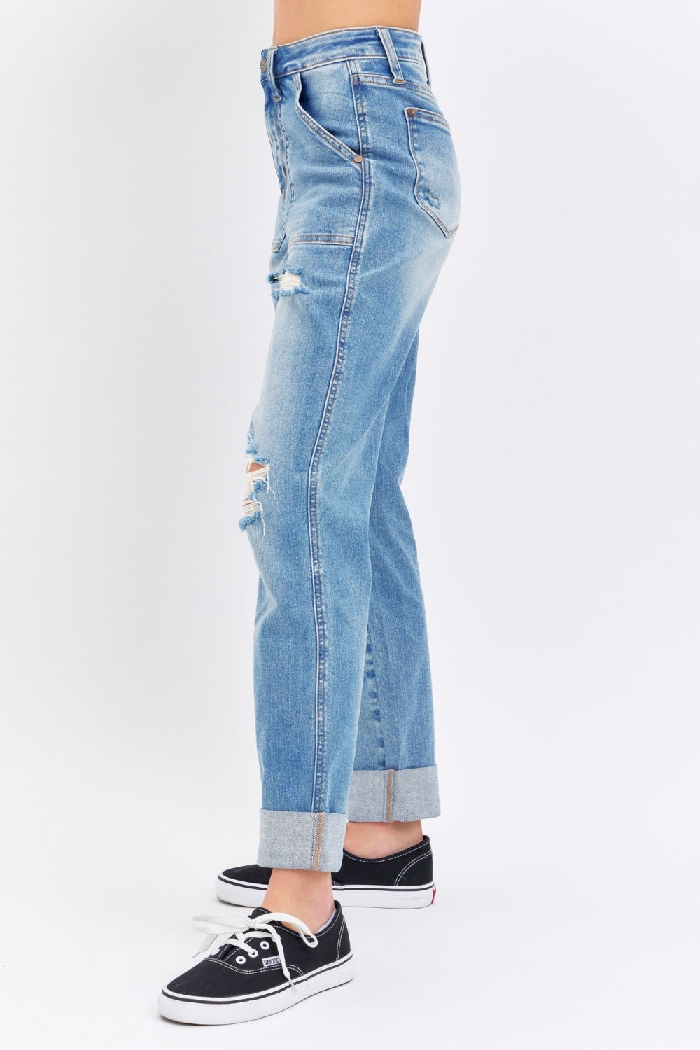 Judy Blue Distressed High-Rise Retro 90s Mom Jeans Torn Straight Leg Cuffed Denim Pants