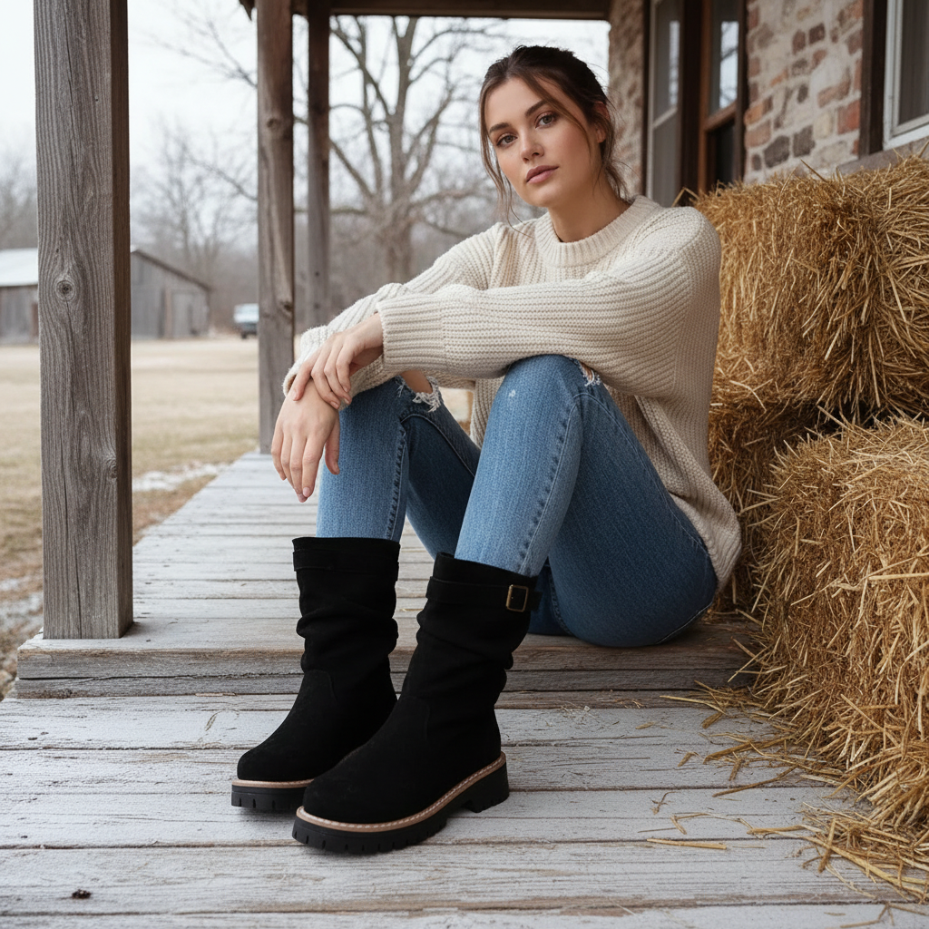 Buckle Wrap Slouch Boots Chunky Lug Block Heel Mid Calf Faux Suede Pull-on Shoes