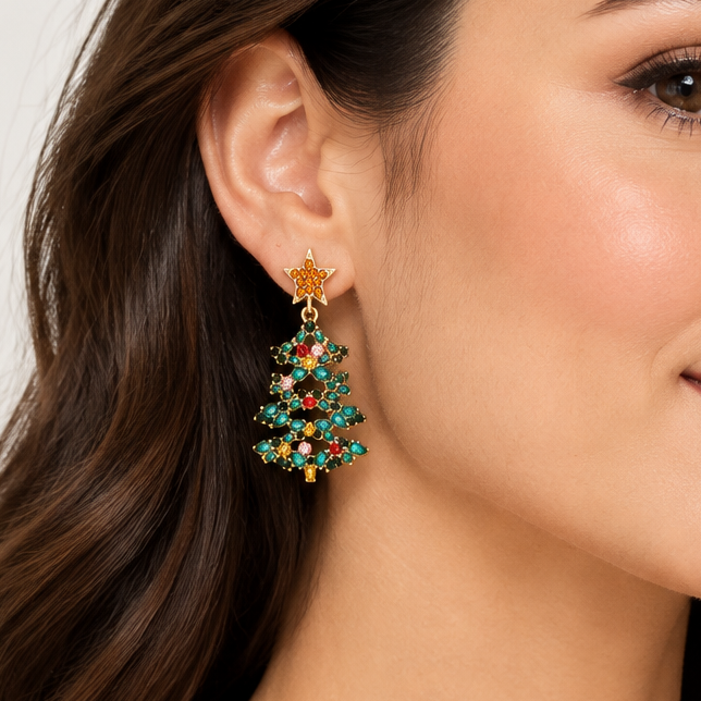 18K Gold Plated Rhinestone Christmas Tree Dangle Earrings Star Holiday Jewelry
