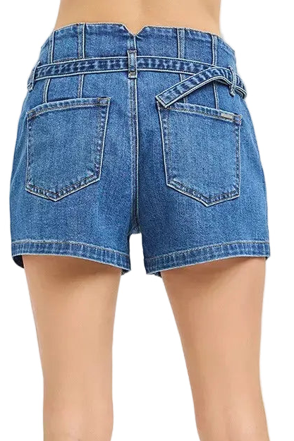 Risen Belted Double Button High-Rise Waist Baggy Boyfriend Denim Jean Shorts