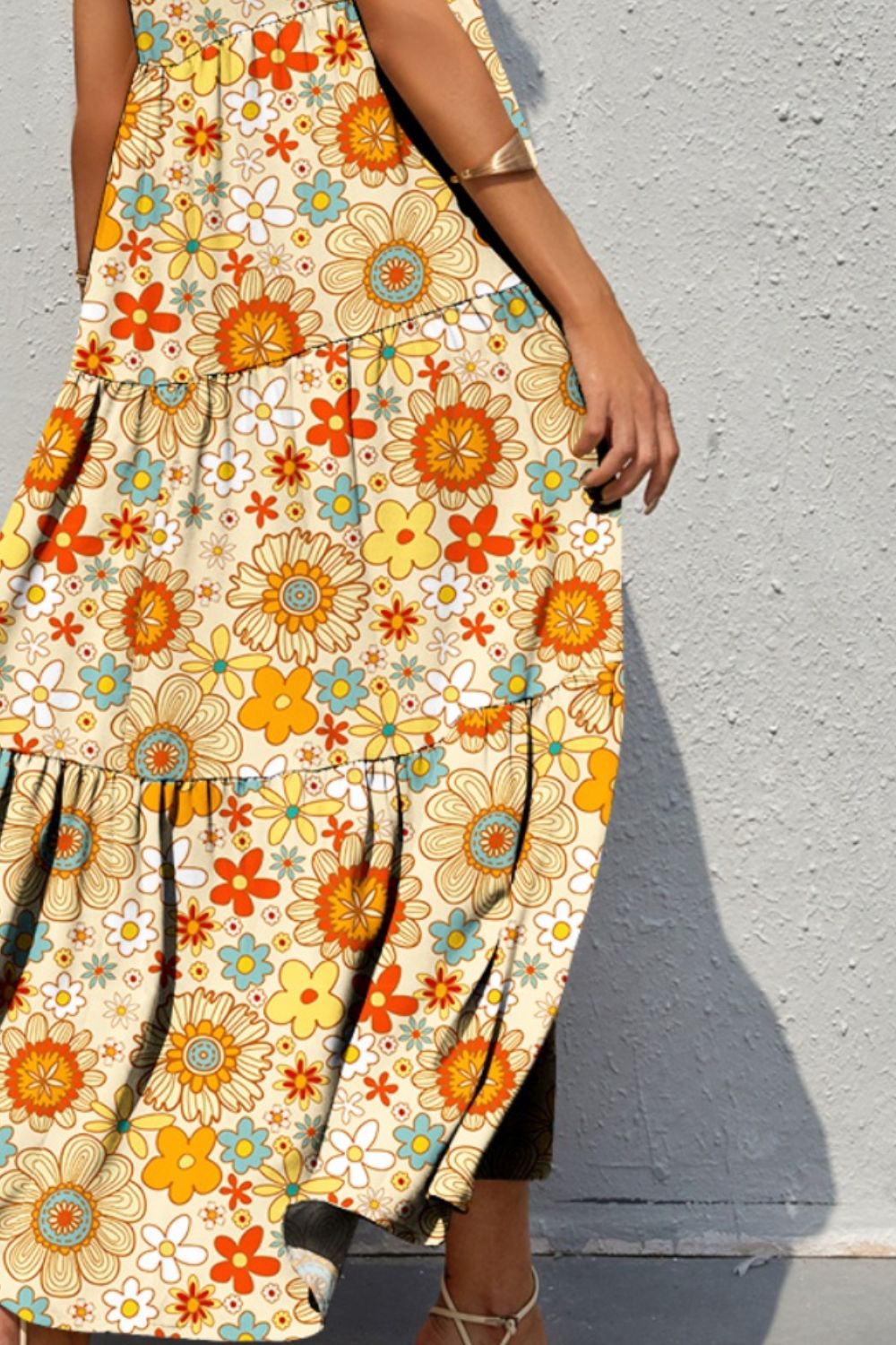 Bold Colorful Retro Floral Sleeveless Tiered V-Neck Oversized Summer Maxi Dress