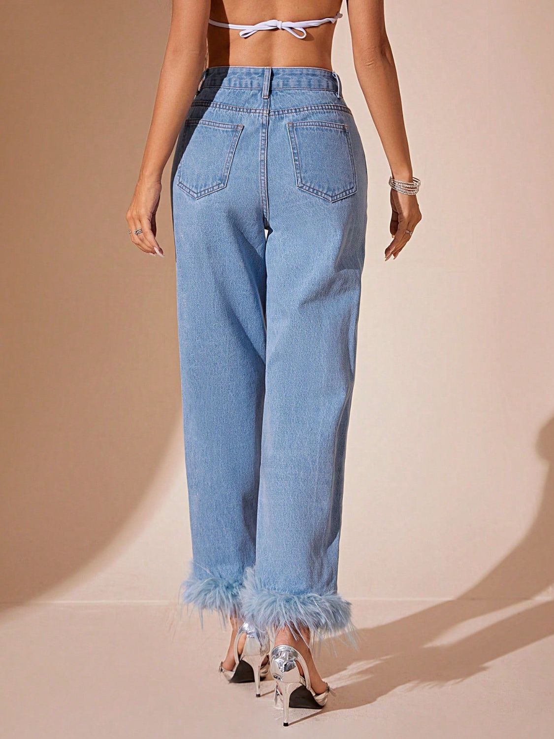 Faux Fur Plush Ankle High-Rise Waist Relaxed Fit Jeans Straight Leg Denim Pants