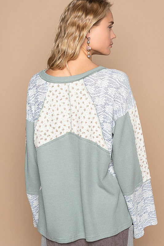 POL Waffle Knit Lace Patchwork Granny Floral Top Oversized Boho Sweater Shirt