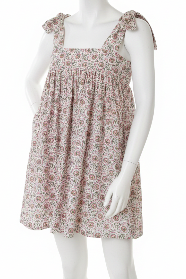 Retro Floral Oversized Bow Tie Shoulder Square Neck Girly Babydoll Mini Dress