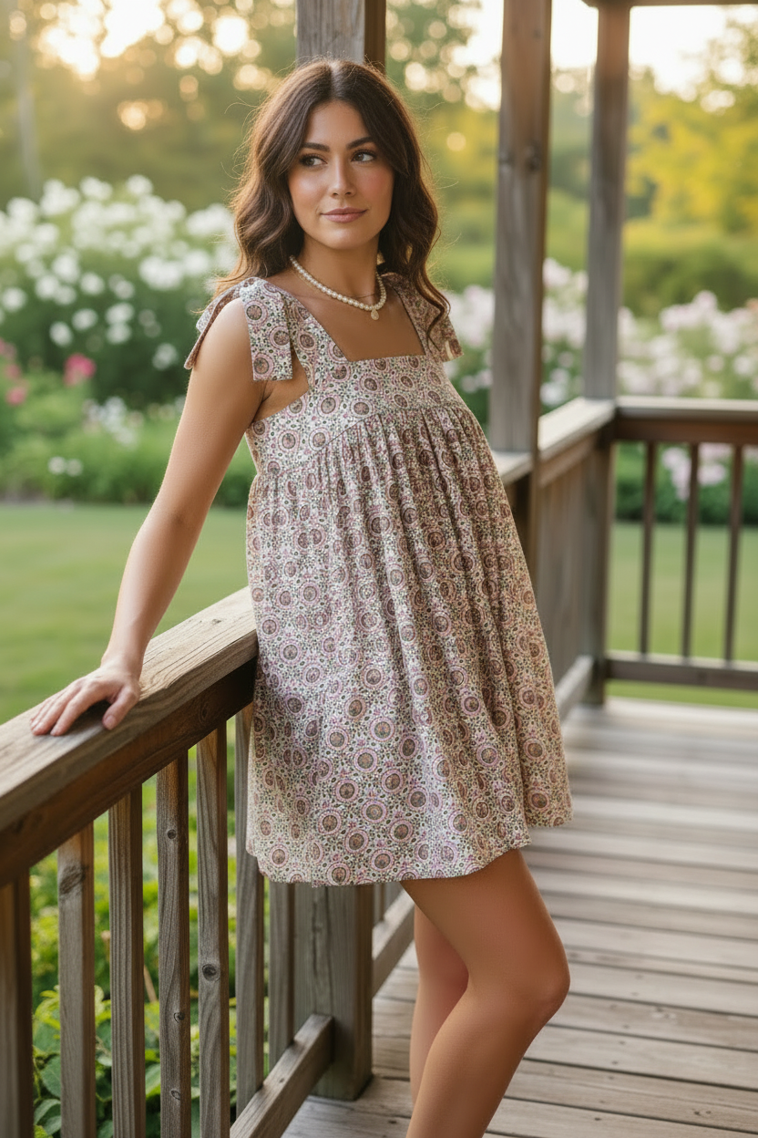 Retro Floral Oversized Bow Tie Shoulder Square Neck Girly Babydoll Mini Dress