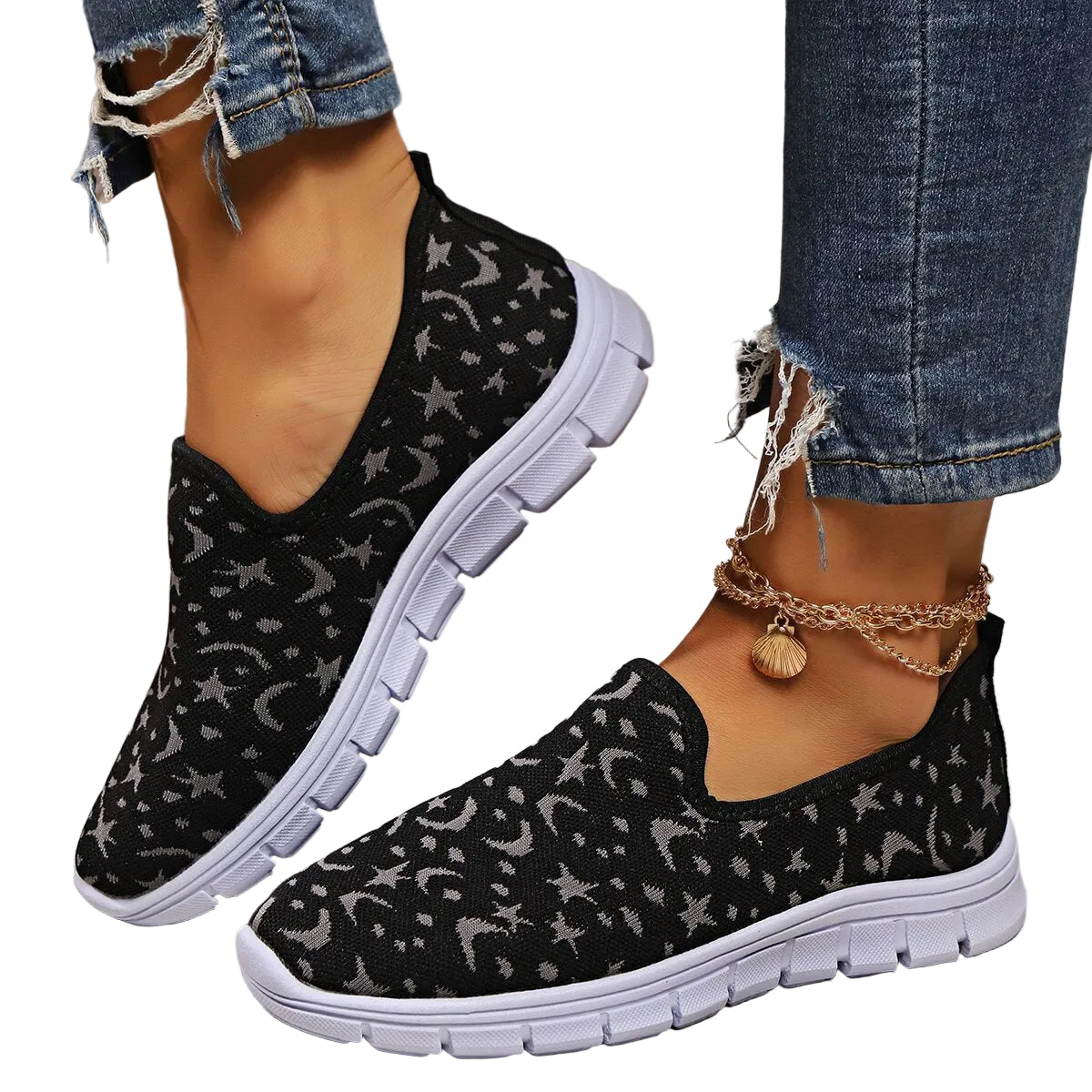 Celestial Star Moon Stretch Knit Slip-On Sneakers Color Contrasting Casual Shoes