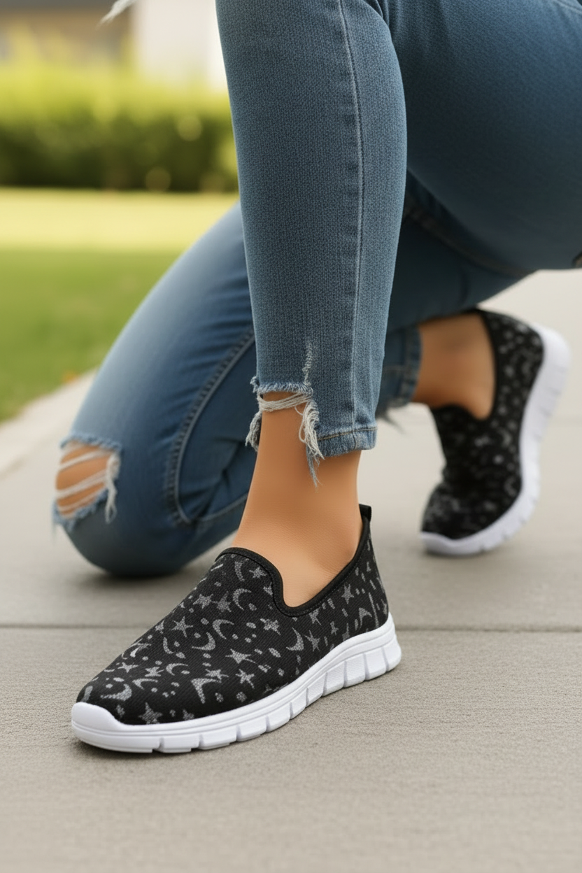 Celestial Star Moon Stretch Knit Slip-On Sneakers Color Contrasting Casual Shoes