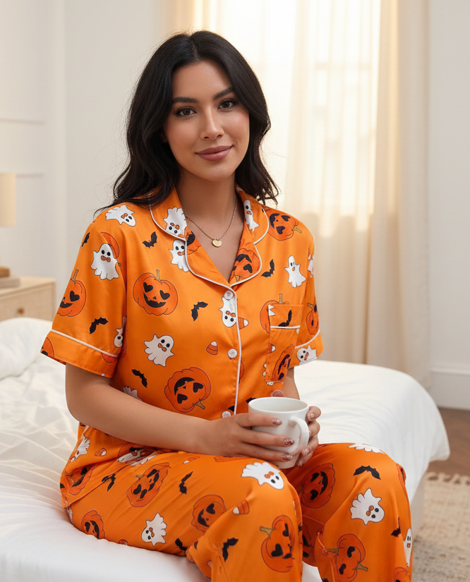 Pumpkin Ghost Button-Down Short Sleeve Set Lounge Pants Matching Halloween Pajamas