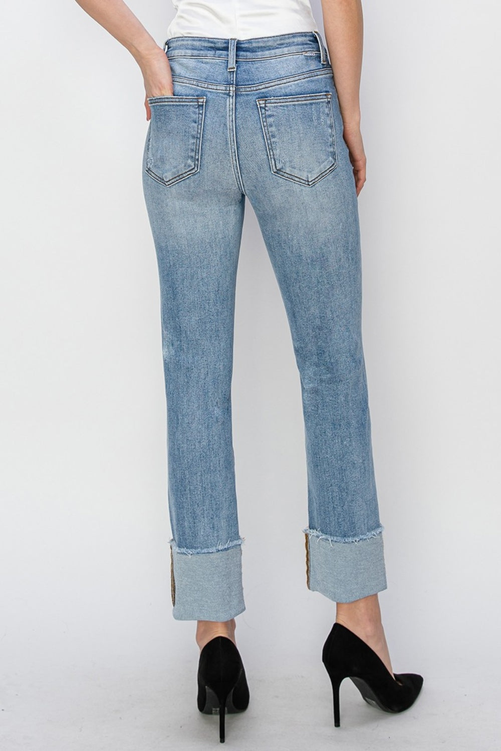 RISEN High-Rise Straight Leg Jeans Ankle Cuffed Hem Distressed Denim Pants