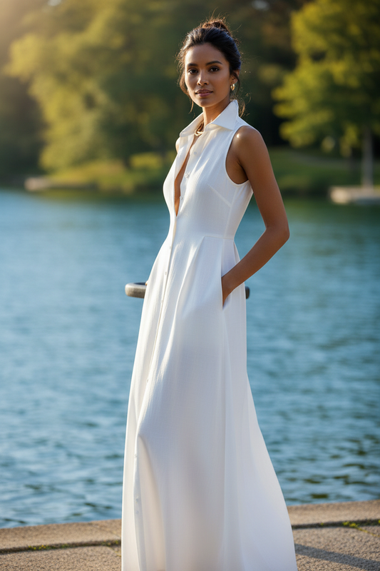 Collared Maxi Shirt Dress Sleeveless Button-Down Side Slit Pocket
