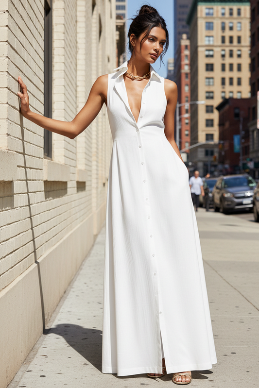 Collared Maxi Shirt Dress Sleeveless Button-Down Side Slit Pocket