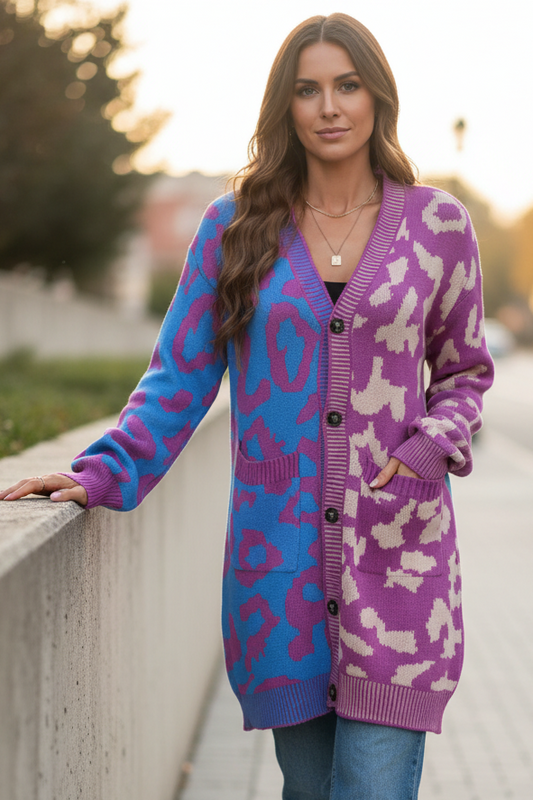 Colorblock Leopard Print Longline Button Front Long Sleeve Oversized Cardigan