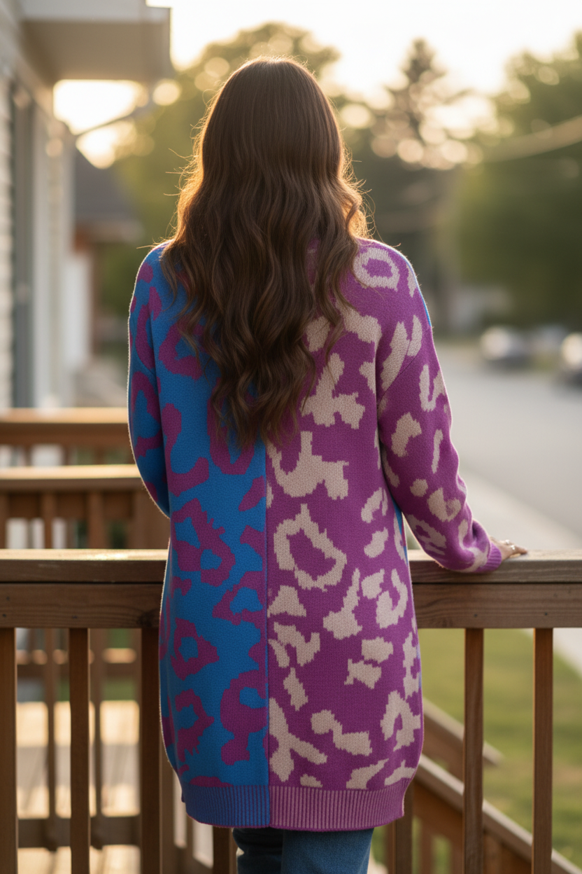Colorblock Leopard Print Longline Button Front Long Sleeve Oversized Cardigan