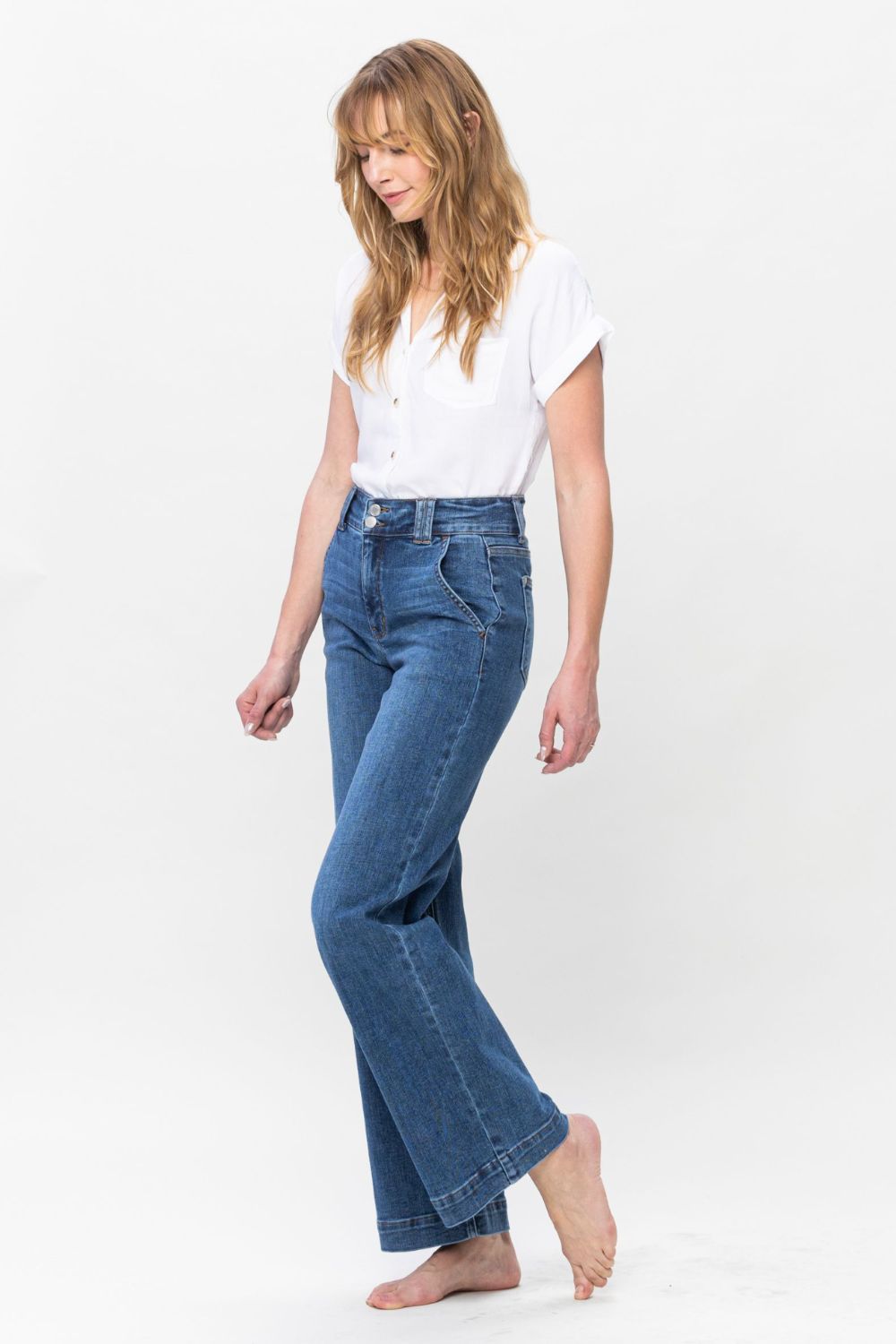 Judy Blue High-Rise Boyfriend Jeans Double Button Relaxed Wide Leg Denim Pants