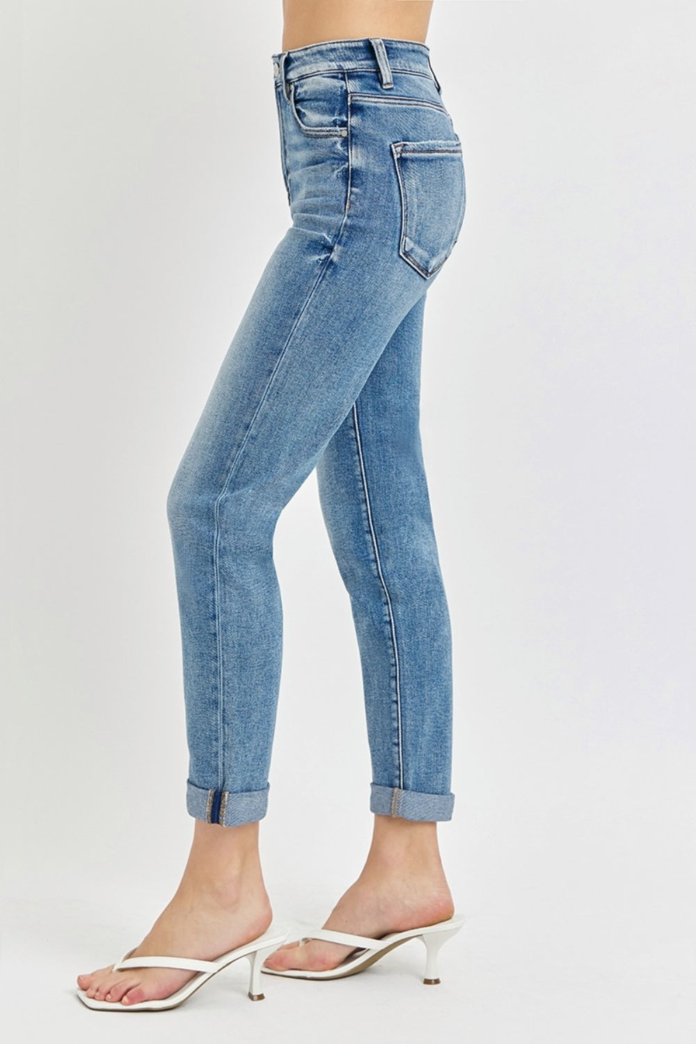 RISEN High-Rise Straight Leg Cuffed Rolled Up Cropped Hem Jeans Denim Pants