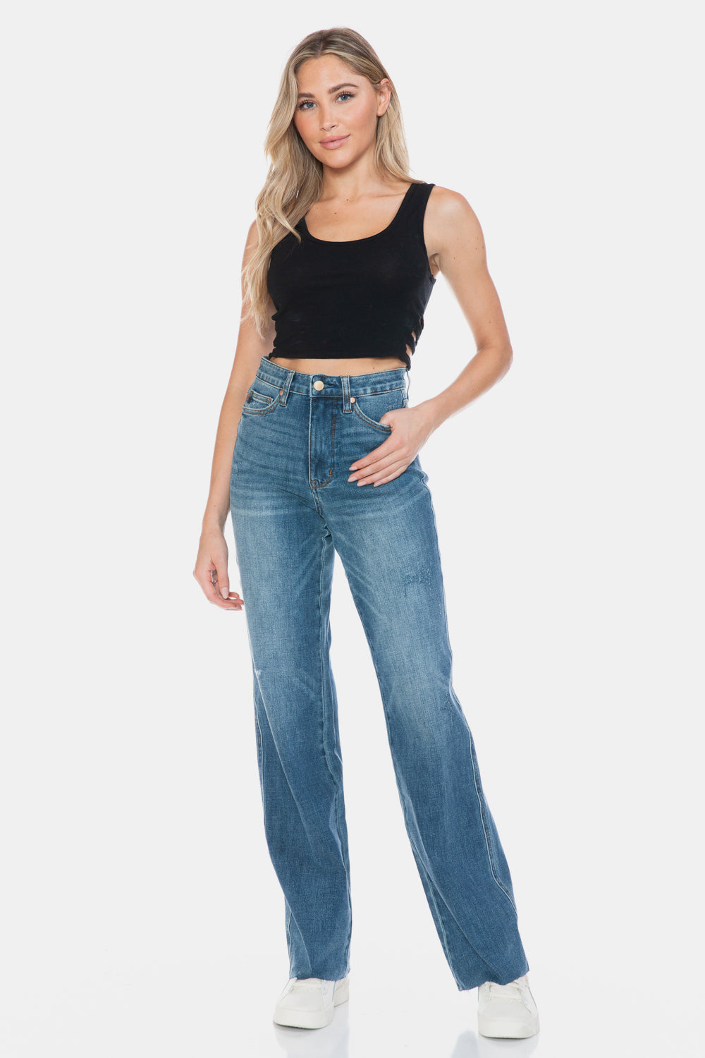 Judy Blue Tummy Control High-Rise Boyfriend Jeans Straight Leg Raw Denim Pants