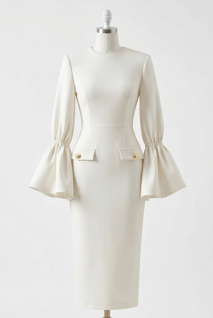 Dramatic Bell Sleeve Pencil Midi Dress Gold Button Faux Pocket Knee-length Bodycon