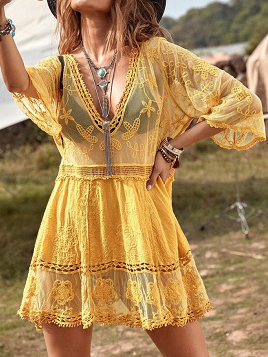 Lace Bohemian Oversized Swim Coverup Mini Dress Half-Sleeve Swimwear Cover