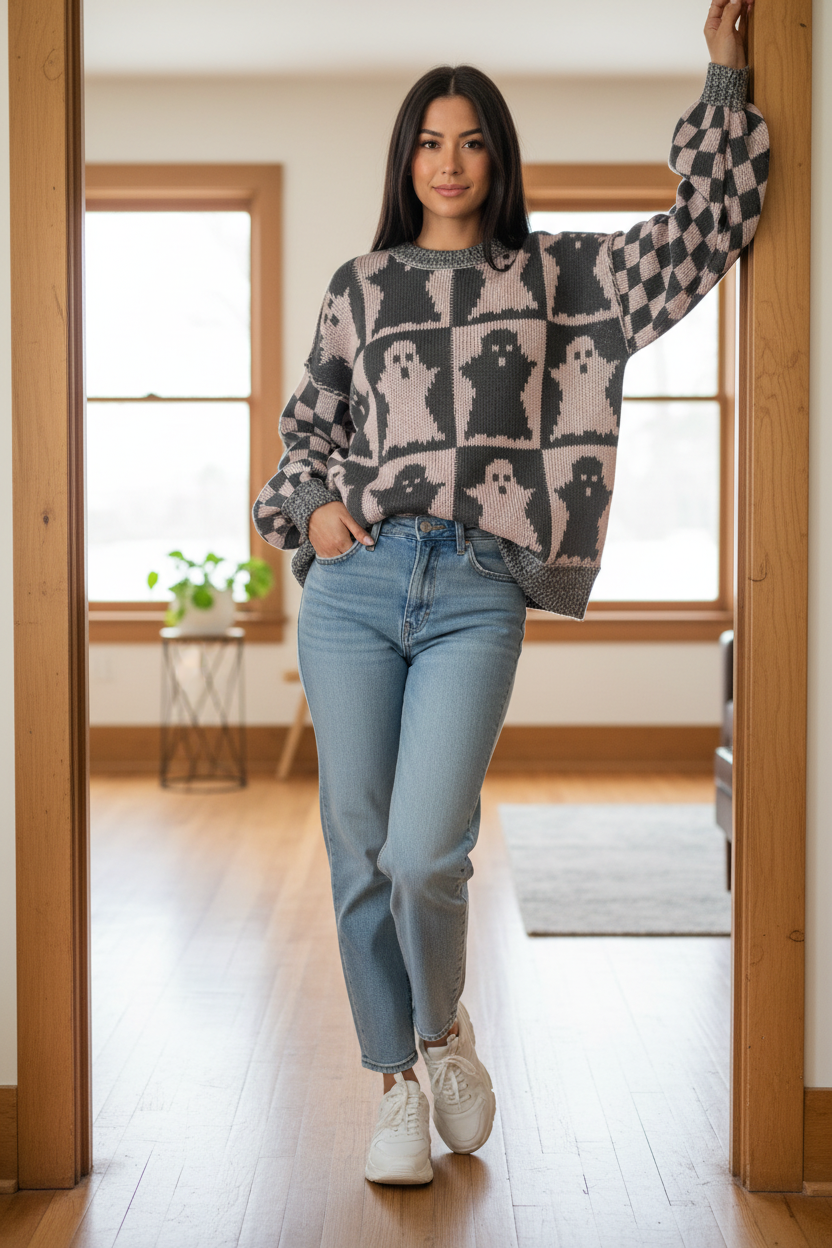 Ghost Checker Exposed Seam Boxy Pullover Oversized Colorblock Halloween Sweater
