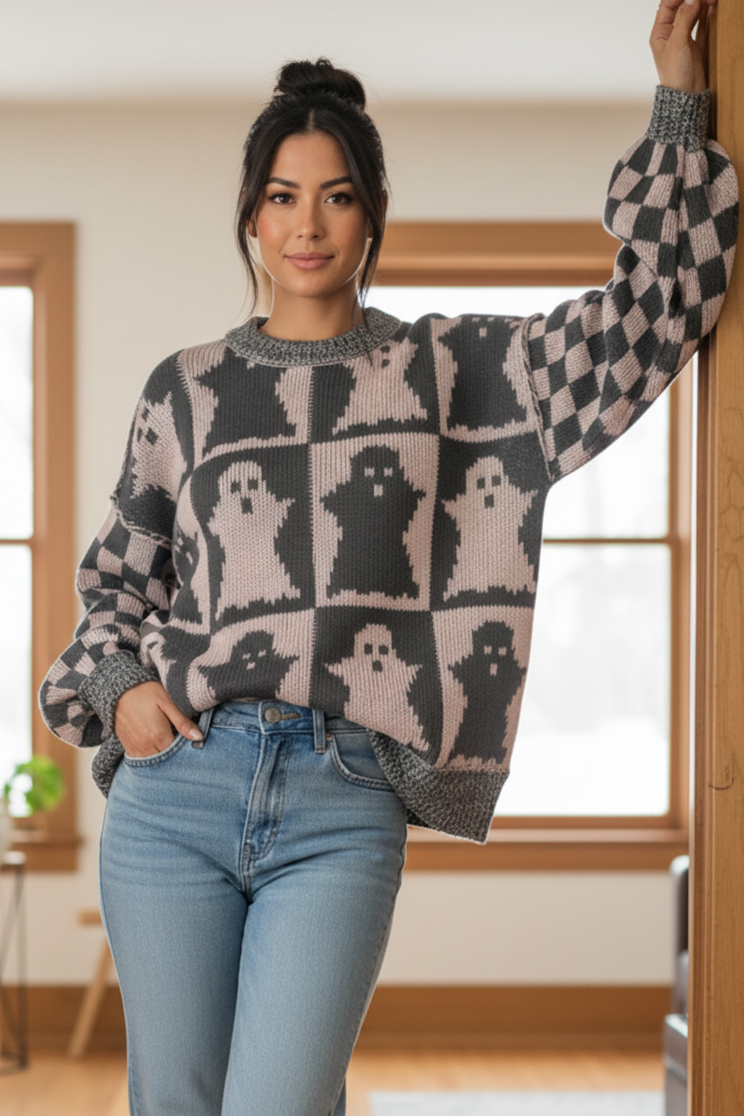 Ghost Checker Exposed Seam Boxy Pullover Oversized Colorblock Halloween Sweater