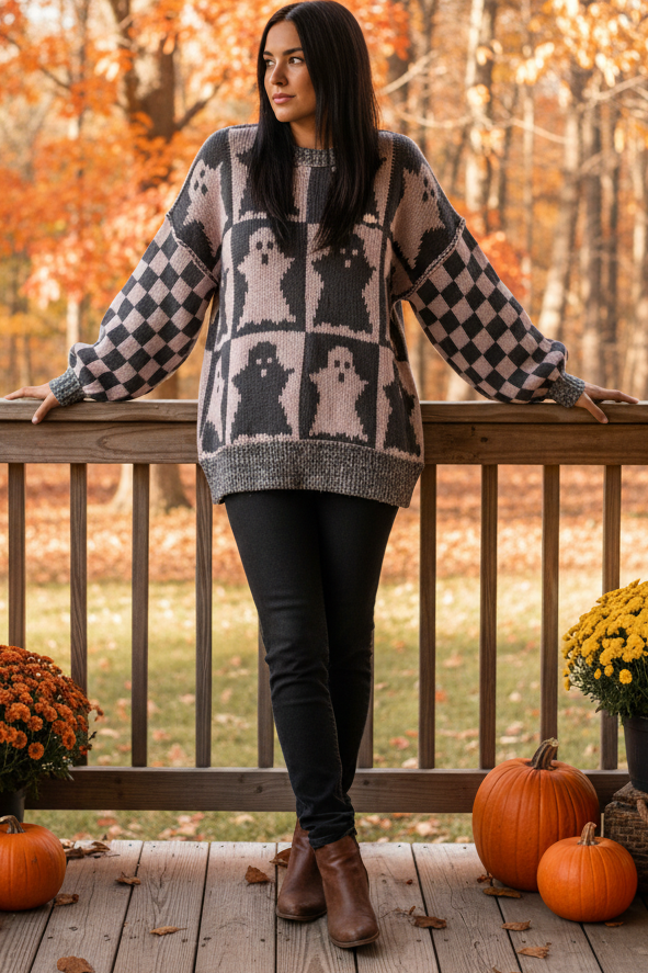 Ghost Checker Exposed Seam Boxy Pullover Oversized Colorblock Halloween Sweater