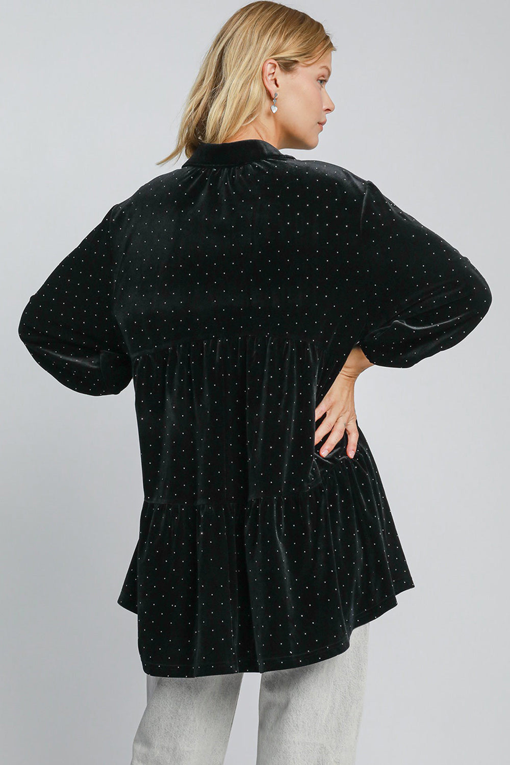 Umgee Velour Polka-dot Boho Oversized Top Peplum Babydoll Shirt Velour Blouse