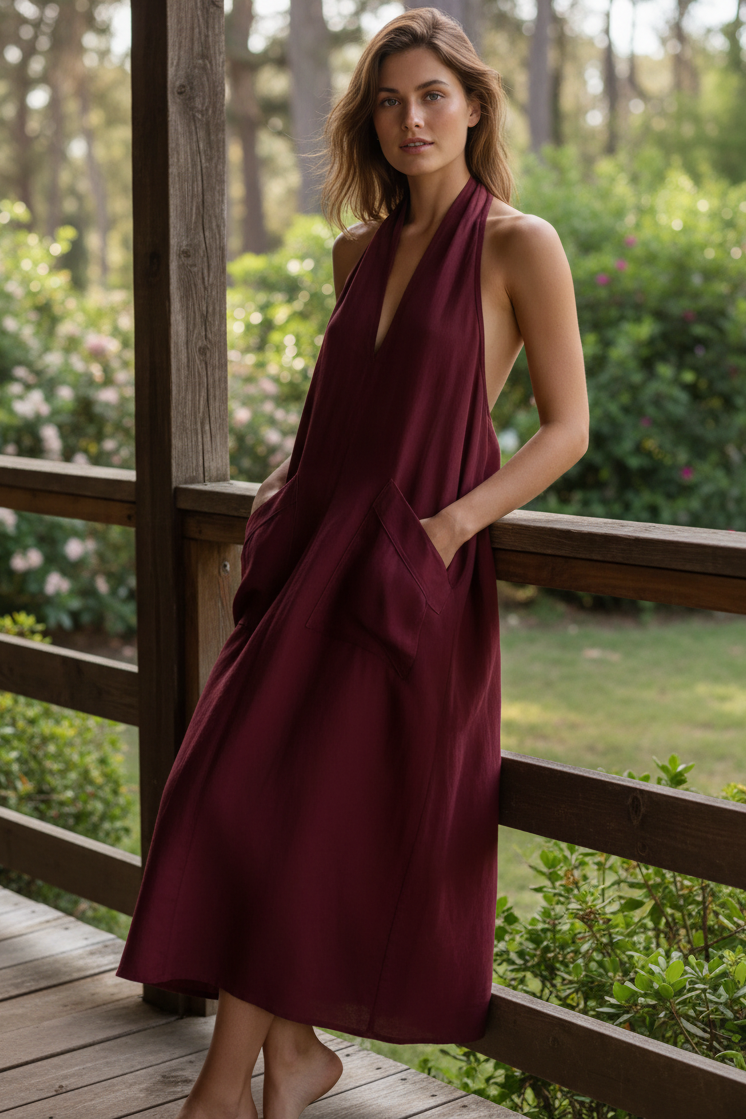 Oversized Baggy Patch Pocket Halter Neck Plunging V-Neck Backless Boho Midi Dress