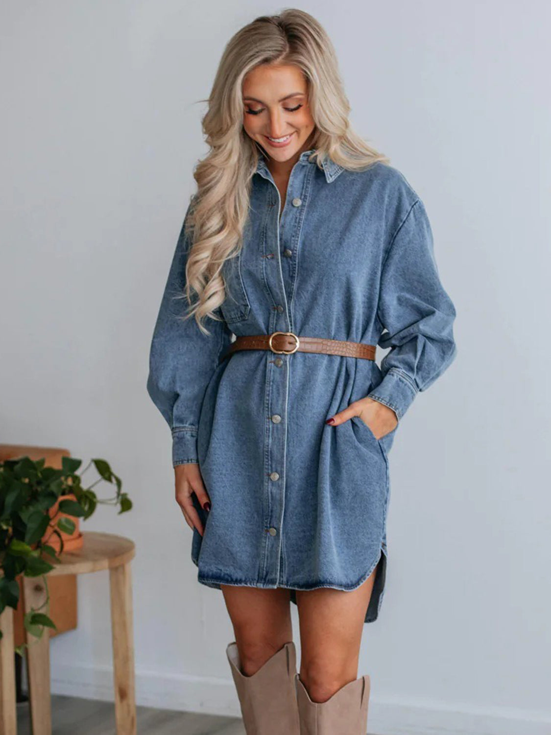 Oversized Denim Boyfriend Pocket Jean Collar Shirt Dress Long Sleeve Button High-Low