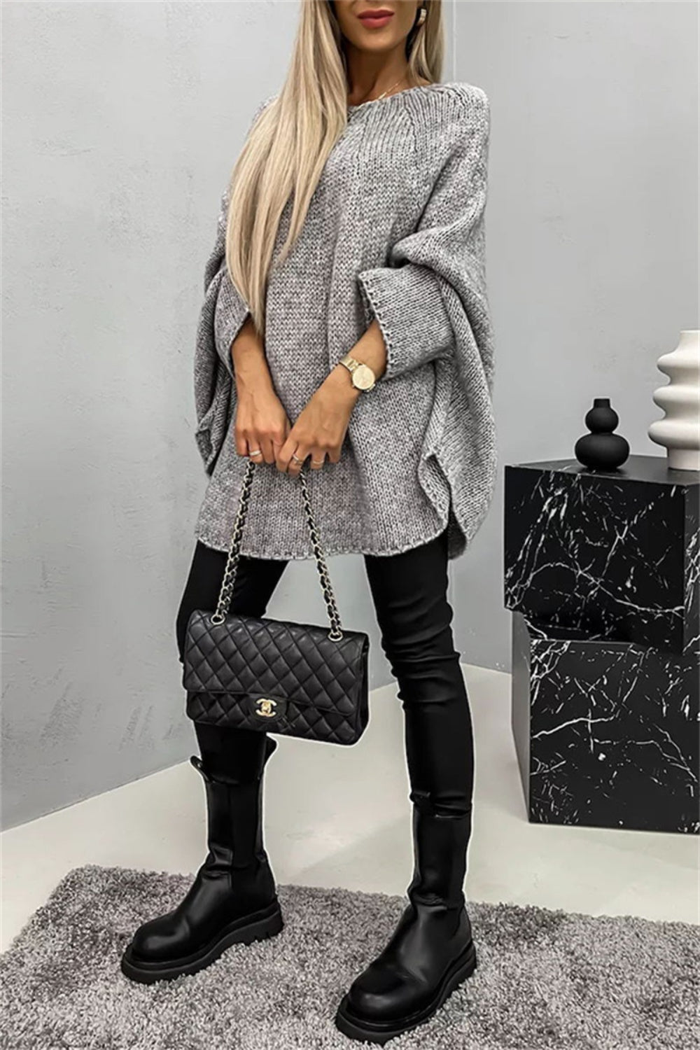 Oversized Knit Top Batwing Baggy Long Pullover Sweater Poncho Shirt Round Neck