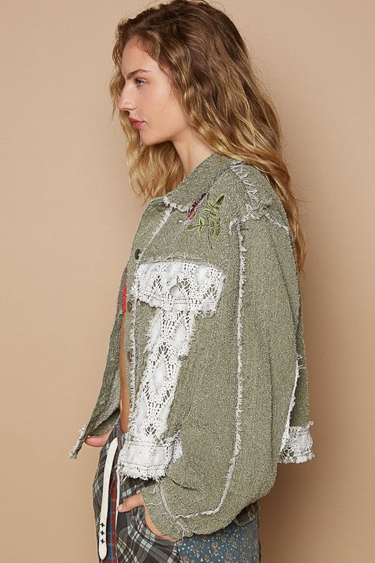 POL Peace Embroidered Floral Crochet Knit Frayed Patchwork Boho Button-up Jacket