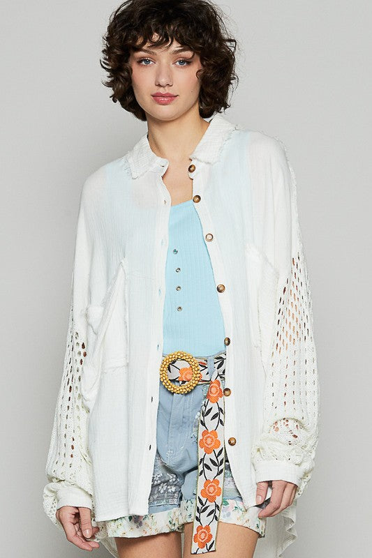 POL Crochet Patchwork Oversized Button-Up Blouse Long Sleeve High-low Gauze Shirt